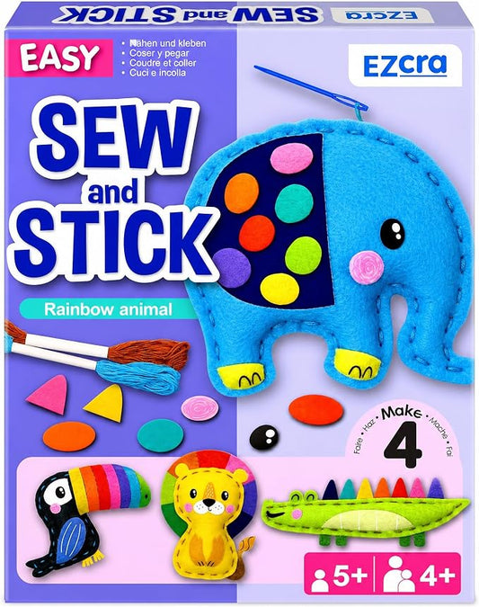 EZCRA Safari Animals Sewing Kit for Kids Ages 4-8 - 4 Beginner Felt Sewing Projects - Elephant No-Mess Arts & Crafts for Boys and Girls - Gift for Kids