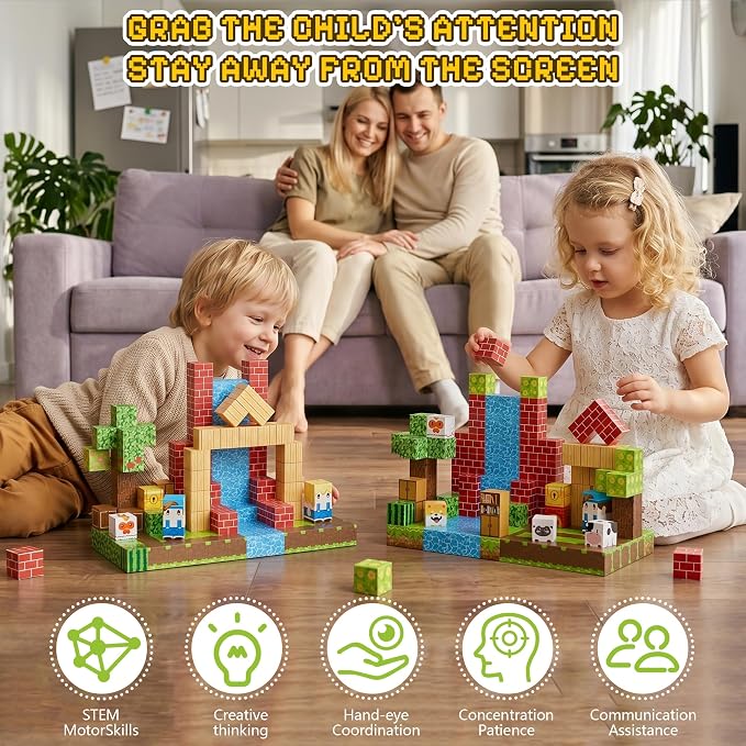 200PCS Magnetic Building Blocks Set, Magnetic Tiles Kids Build Cubes STEM Game Toys, Build Forest World Set, Christmas Birthday Gifts for Boys & Girls Age 3 4 5 6 7 8 9 10, 0.78 in Size