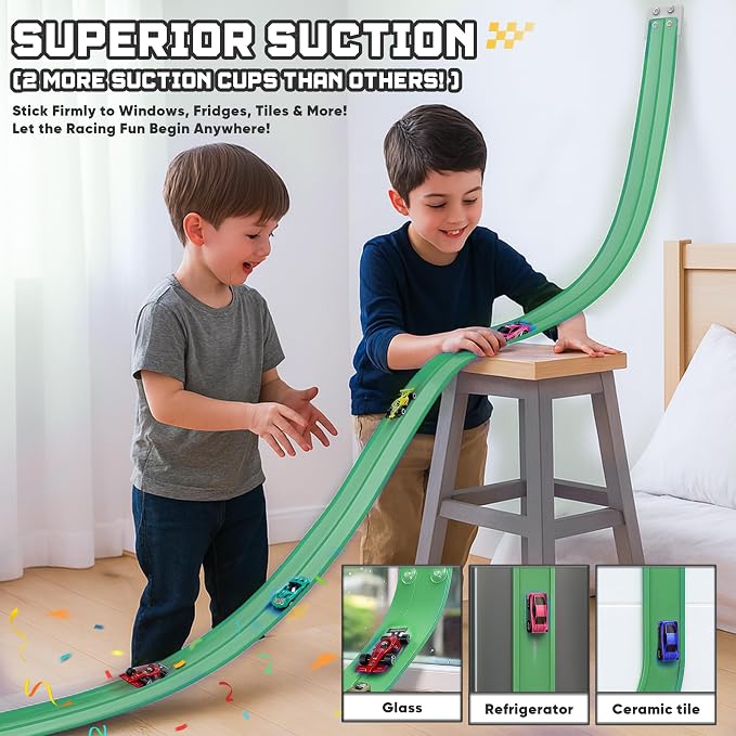 15.75 Ft Flex Track for Kids, Flexible Race Track Compatible with Hot Wheels and Diecast 1/64th Cars, Roll-Up Portable Race Car Ramp Track with Suction Cups & Track Anchors & 4 Race Cars, Green
