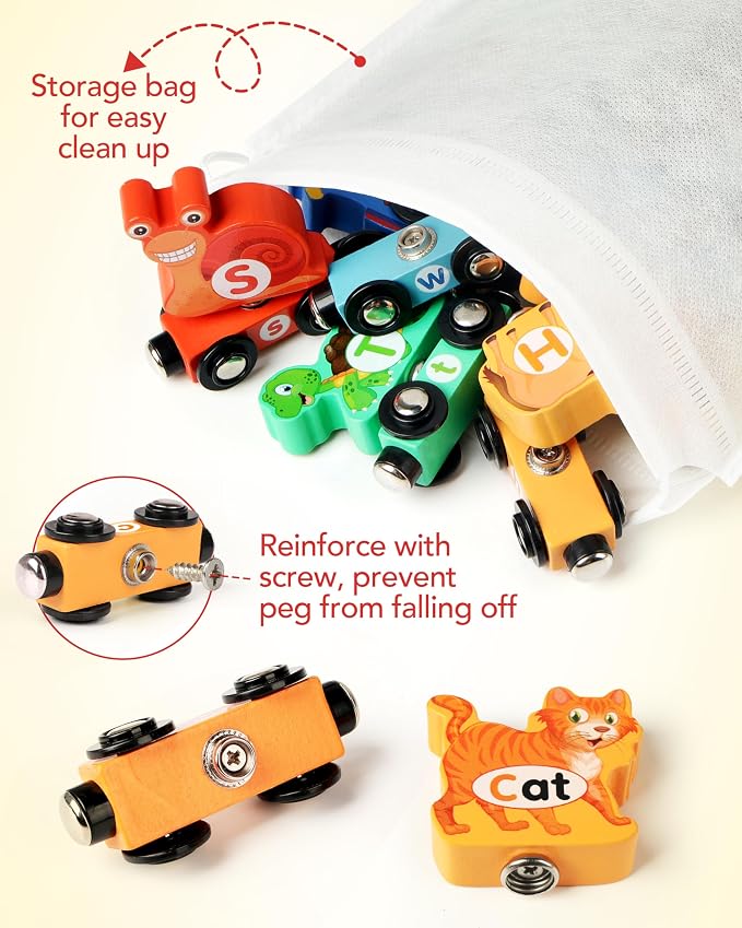 Helsort Wooden Alphabet Train Set for Toddlers – Magnetic ABC Train with Snap-Connection, Animal-Themed Educational Preschool Toy for Kids Ages 3-5, Montessori STEM Learning Gift for Boys and Girls