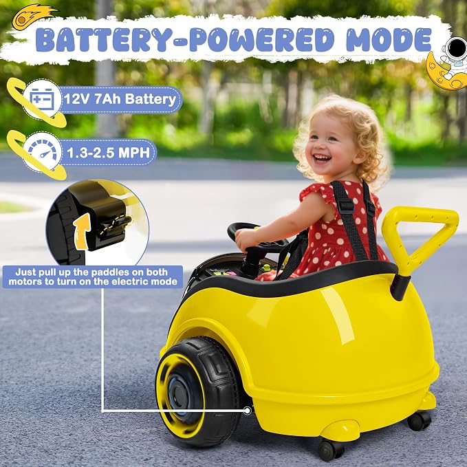 ANPABO 3-in-1 Electric Push Ride On Car, 12V Kids Ride On Toy w/Remote Control, 360° Spin, 5-Point Safety Belt, Colorful LED Light, Music Player, Push Car for Toddler Ages 1-3 (Yellow)