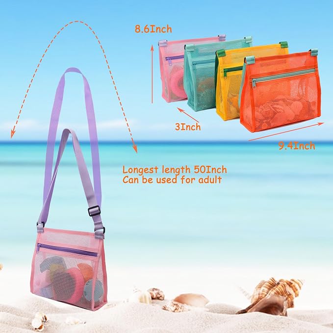 MUYIZI Mesh Beach Bag for Shells Collecting 4 Pack,Shell Bags for Beach,Sea Shell Bags for Picking Up Shells,Beach Shell Bag for Kids, Beach Toys Sand Toys Swimming Accessories for Boys and Girls