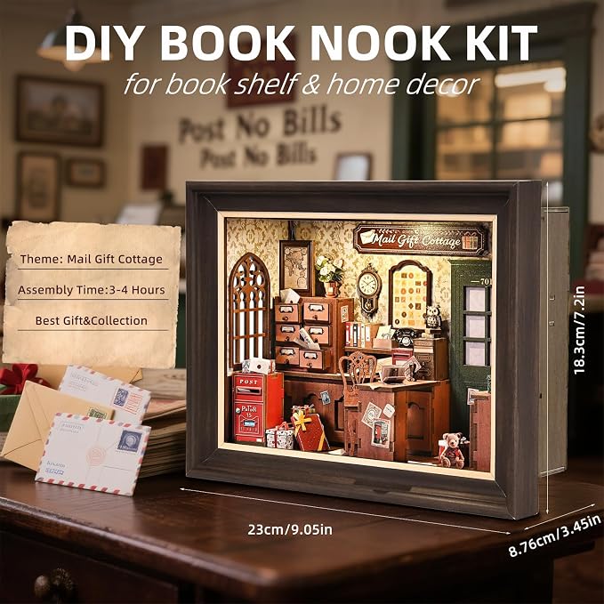 Book Nook Kit-3D Wooden Puzzle with LED Touch Control & Wall-Mountable Frame,DIY Miniature House for Beginners,Bookshelf/Tabletop/Wall Decor for Craft Lovers,Dollhouse Gift,Mail Gift Cottage