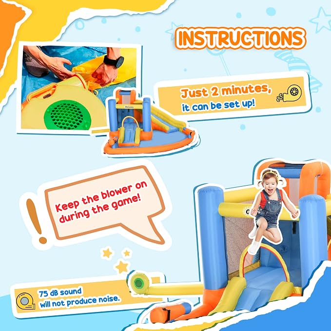 Outsunny Inflatable Water Slide, Kids Bounce House Water Park with Pool, Climbing Wall, Water Cannon, Dual Slides, Trampoline, 5-in-1 Bouncy Castle with Air Blower for Outdoor Indoor Backyard Fun