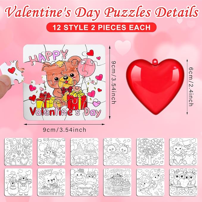 Realspring 24 Set Valentine Puzzles Gifts for Kids Include 24 DIY Color Your Own Valentine‘S Day Jigsaw Puzzles 24 Red Heart Eggs Card for Classroom Reward Exchange Gift Jigsaw Toys Birthday