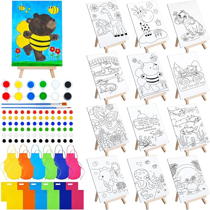 Tenceur 48 Pcs Kids Paint Party Favors Sets with 12 Pcs Animals Oceans Pre Drawn Canvas Panel and Wooden Easel Set Paint Pots and Brushes 12 Mini Apron and Tote Bag for Kids Girls Student Boys