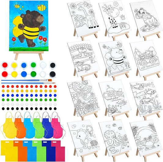 Tenceur 48 Pcs Kids Paint Party Favors Sets with 12 Pcs Animals Oceans Pre Drawn Canvas Panel and Wooden Easel Set Paint Pots and Brushes 12 Mini Apron and Tote Bag for Kids Girls Student Boys