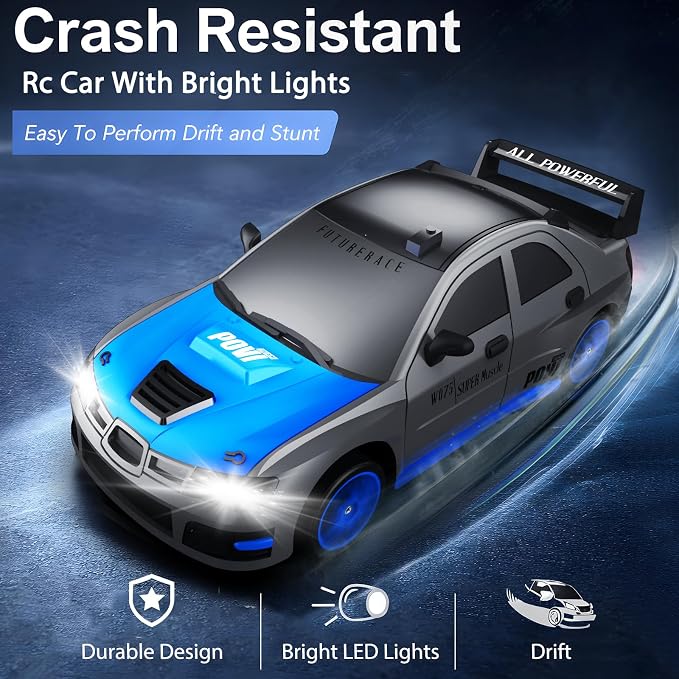 Remote Control Car RC Drift Car 2.4GHz 1:24 Scale 4WD 15KM/H High Speed Model Vehicle with LED Lights Drifting Tire Racing Sport Toy Car for Adults Boys Girls Kids Gift 2Pcs Rechargeable Batteries