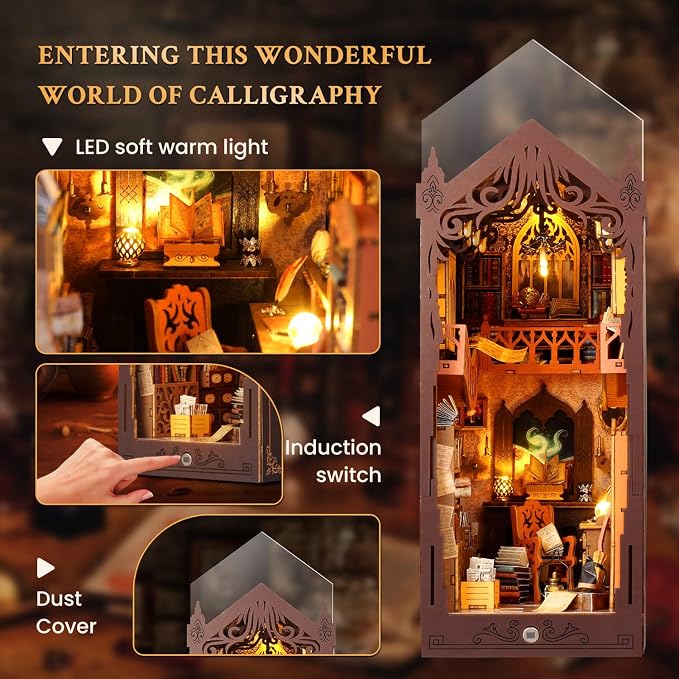 Book Nook Kit - DIY Miniature Dollhouse with LED Light, 3D Wooden Puzzle Kit for Adults & Teens, Library Shelf Decor (200+ Pieces)