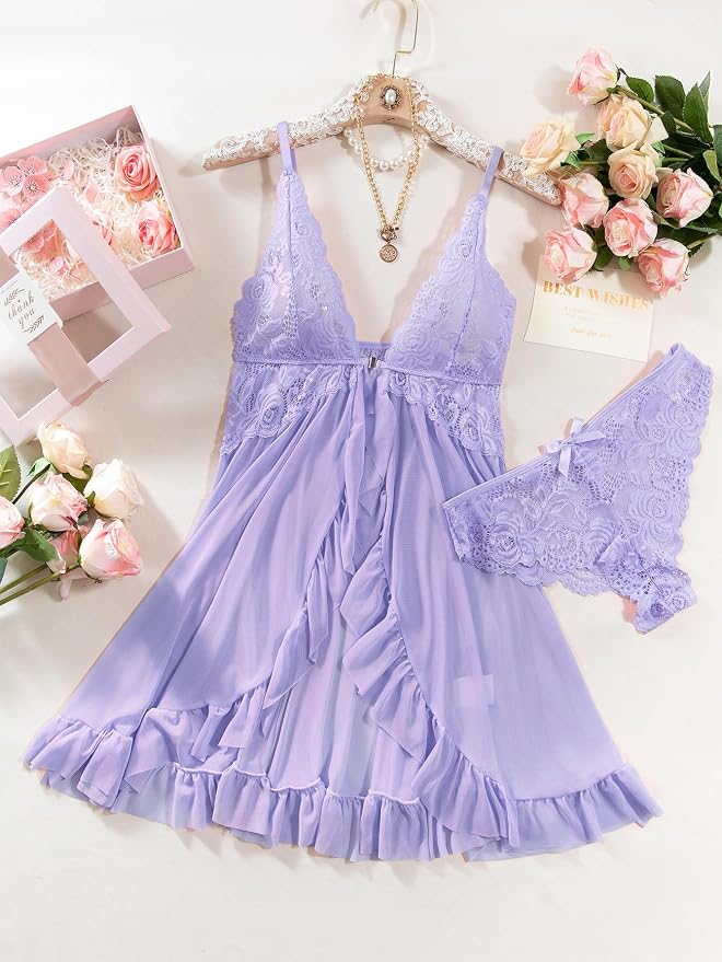 Foxiny Sexy Open Front V Neck Ruffle Sheer Mesh Lace Wireless Babydoll Lingerie Dress with Thong 2 Piece