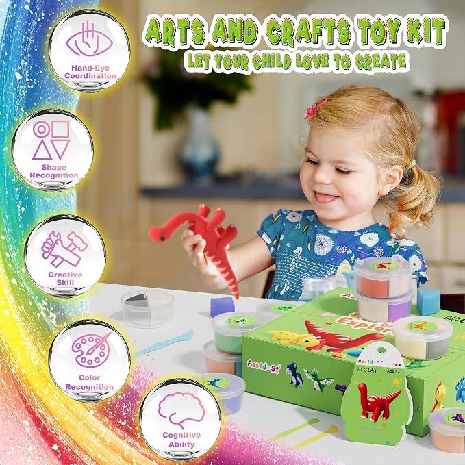 Air Dry Clay Kit - Dinosaur Theme, Modeling Clay for Kids, DIY Magic with Sculpting Tools and Tutorials, 12 Boxes Molding Clays, Ultra Light, Soft & Non-Sticky, Arts and Crafts Gift for Kids
