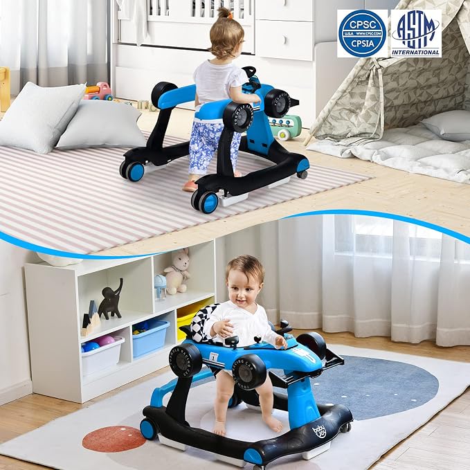 BABY JOY 4-in-1 Baby Walker, Foldable Activity Walker with Adjustable Height & Speed, Music, Lights, Anti-Rollover, Toddler Push Walker, Baby Walker with Wheels for Boys Girls 6-18 Months (Blue)