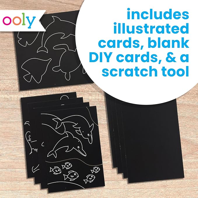 Ooly Scratch & Scribble Travel Crafts for Kids – 1pc Art Kit, Portable Car & Airplane Activity, 8 Scratch Cards + Wooden Stylus + Stickers, Ages 6+ – Ocean Life