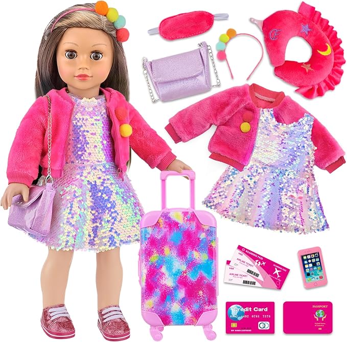 K.T. Fancy 18 Inch American Doll Clothes and Accessories, Doll Travel Suitcase Playset for Girls, Cute Travel Doll Clothes for 18 Inch Girl Doll(Not Include Doll & Shoes), Pink
