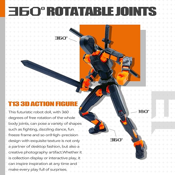 Uodofy (Assembly Completed) T13 3D Action Figure Set,Dummy Robo Titan 13 Action Figures,3D Printed Multi-Jointed Toy (Black + Orange)
