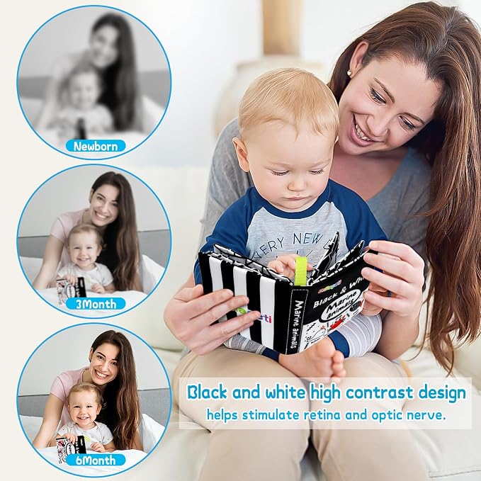 Dr.Rapeti Soft Cloth Books Baby Books Bath Books 6-Pack for Baby Infant Toddler Kids High Contrast Black and White Crinkle Washable Chewable Non-Toxic Early Educational Giftable