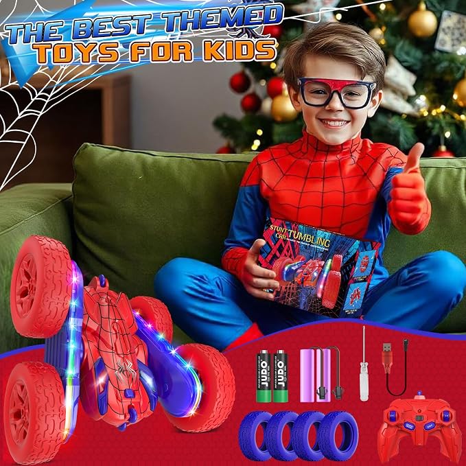 Jimdella Spider RC Cars Toys for Boys 4-6, 2.4GHz Remote Control Car with 26 LED Light System, 360° Flips, Changeable Wheels, Rechargeable All-Terrain Truck Gift for Kids Ages 4-8
