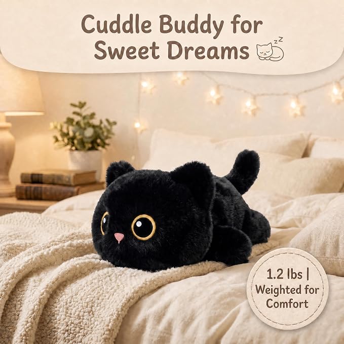 Weighted Cat Stuffed Animal, 12-Inch, 1.2 lbs Black Cat Plush, Cuddly Soft Plushie Pillow Gift for Kids & Adults
