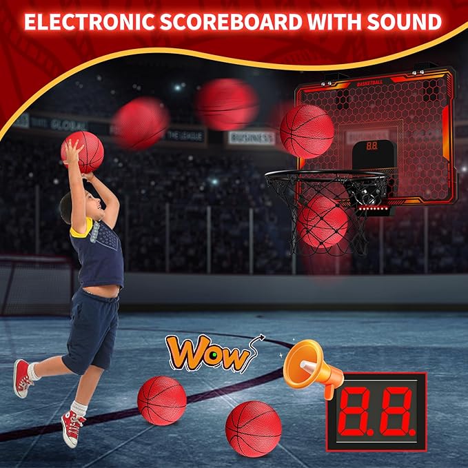HYES Mini Basketball Hoop Indoor, Over The Door Basket Ball Hoop with 7 LED Lighting/Scoreboard/3 Modes/Foldable Rim, Wall Basketball Toy, Sport Decor Gifts for Kids Adult for Bedroom/Office (Red)