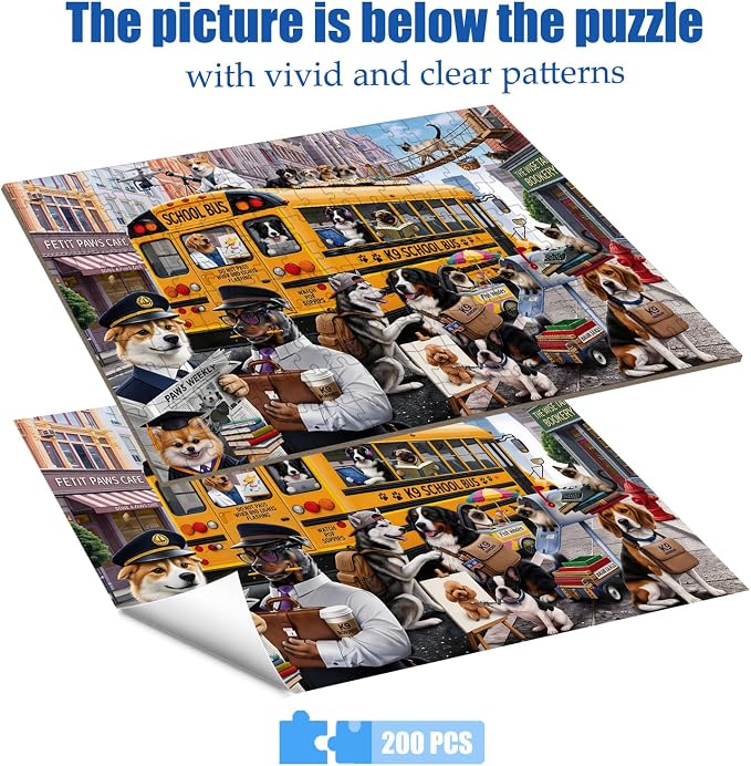 Puzzles for Kids Ages 6-8 8-10 Year Old - Colorful Bus Dog Puzzle, 200 Pieces Jigsaw Puzzles for Kids, Learning Educational Toys for Boys and Girls