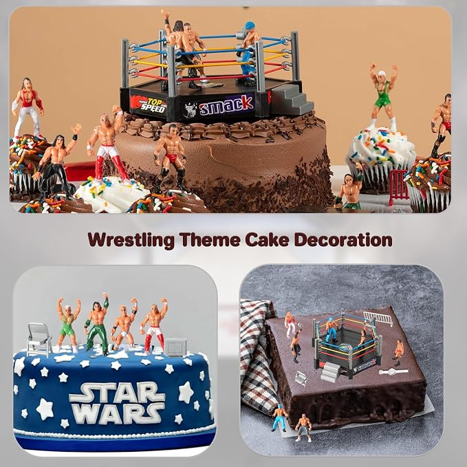32Pcs Wrestling Toys for Kids, Wrestlers Playset with 12 Wrestling Action Figures, Wrestling Rings, Many Realistic Accessories, Toy Figures & Playset Gift for 2 3 4 5 6 Boys Girls, Cool Cake Toppers