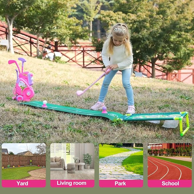 Toddler Golf Set for Boys Girls 2 3 4 Years Old, Upgraded Kids Golf Cart with Putting Mat & Cornhole Board, Outdoor Indoor Sports Toys, Pink