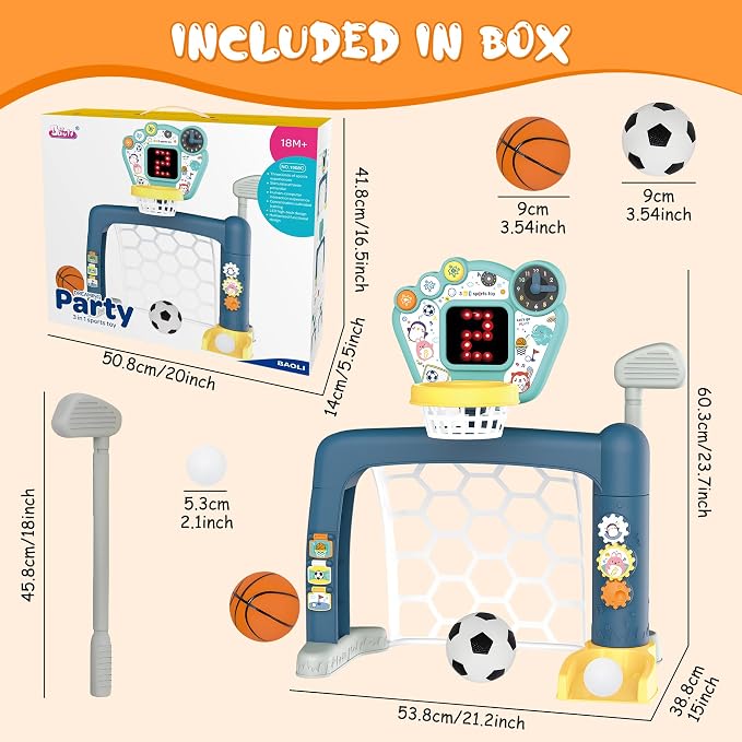 2026 Updated 4 in 1 Adjustable Basketball Hoop Soccer Goal for Toddlers 1-3,Kids Sports Toys with Golf Toy, LED Scoreboard, Music & Educational Games,Indoor & Outdoor Baby Activity Center