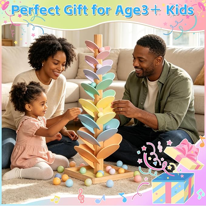 Wooden Marble Run Music Tree, Montessori Rainbow Singing Tree with 12 Extra-Large 3cm Balls, Color Sorting STEM Learning Toy, Wooden Ball Run Game Gift for Kids Ages 3+