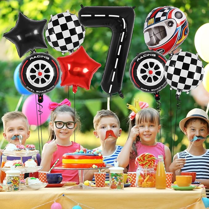 Race Car 7 Balloons, 40 Inch Racetrack Number 7 Balloon, Large Foil Mylar Racetrack Black 7 Balloon for 7 Year Old Birthday Race Car Themed Party Decoration