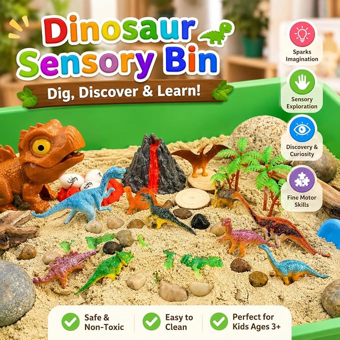 Carolart Dinosaur Sensory Bin, Sand Kit with Glow Dinosaurs & Sand | Dinosaur sandbox with sensory sand, volcano, Dinosaur Gift for boys girls 3-8