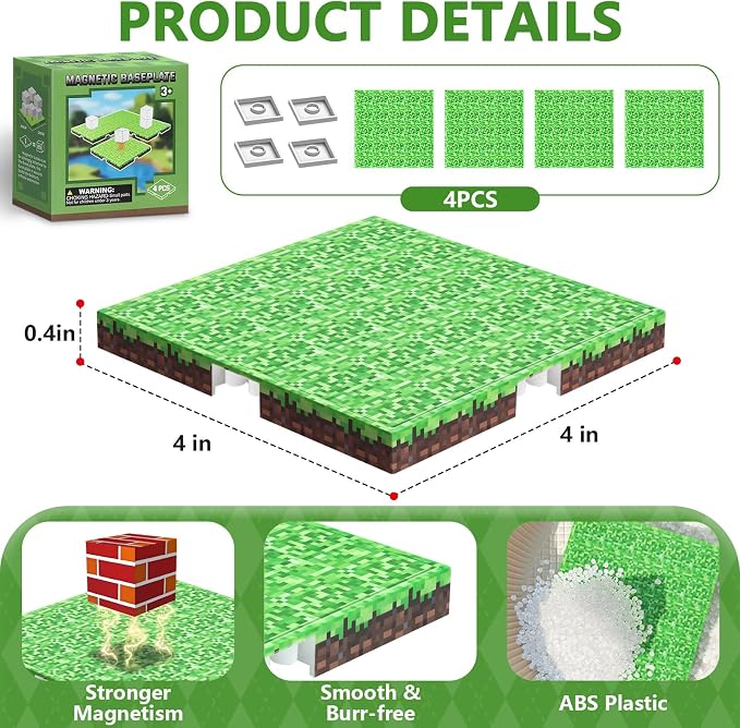 Magnetic Blocks Baseplate - Magnet Toys for Kids, 4PCS Baseplate for Minecraft Magnetic Building Blocks Placing 4" x 4", STEM Toys Birthday Gifts for Boys Girls Age 3+ Years Old, Grassland