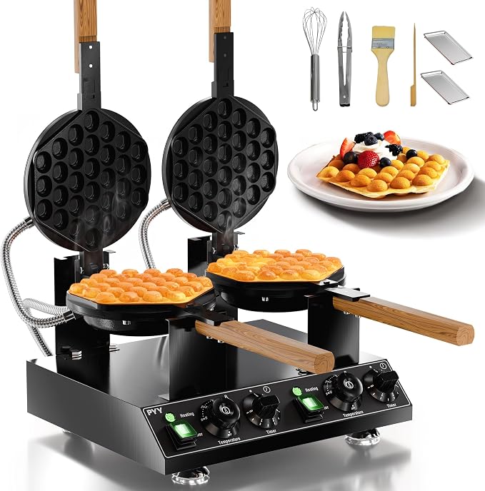 PYY 2-Head Bubble Waffle Maker - 3100W Commercial Hong Kong Egg Waffle Maker,180° Rotate, Non-Stick Plate, 50-250℃ Adjustable Temp, Bubble Waffle Machine for Commercial Use, 110V, Black