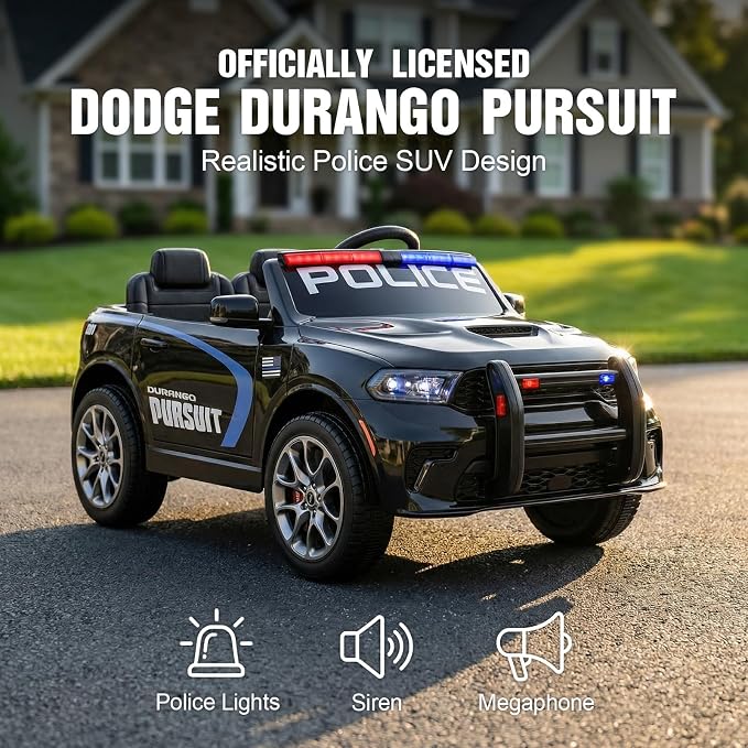12V Kids Ride On Police Car, Licensed Dodge Durango Electric Ride On SUV with Remote Control,Dual 390 Motors, LED Lights, Music, Bluetooth, Siren, Megaphone Battery Powered Ride On Toy for Kids, Black