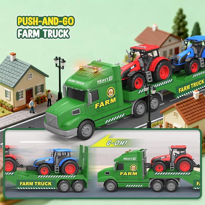 Toddler Toys for 3 4 5 6 Year Old Boys - 27" Large Semi Farm Truck Toy with 2 Tractors, 3-in-1 Friction Powered Transport Vehicle with Lights Sounds, Christmas Birthday Gifts for Boys Kids Age 3 4 5 6