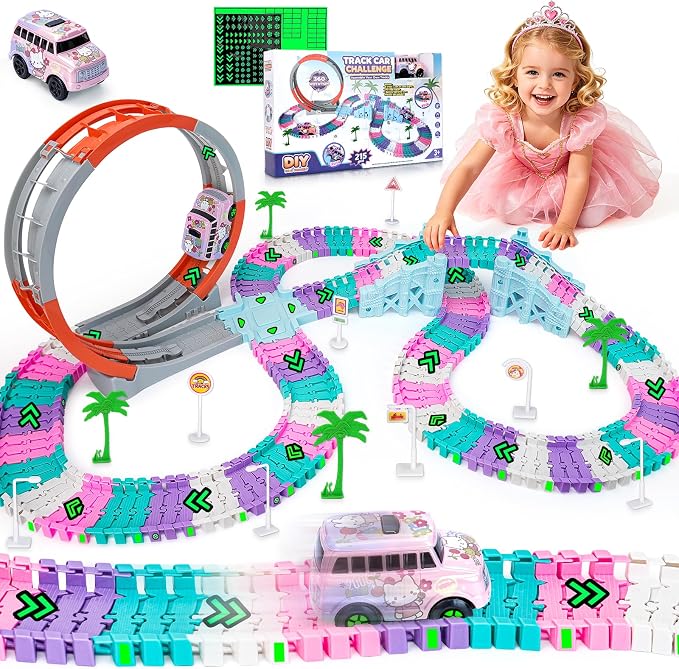 215 PCS Unicorn Race Tracks for Kids Toys, Glow in The Dark Magic Toy Set with 360° Loop Ramp, 1 Unicorn Car Track, Flexible DIY Track Set, Birthday Gift for 3-9 Year Old Boys Girls Toddlers
