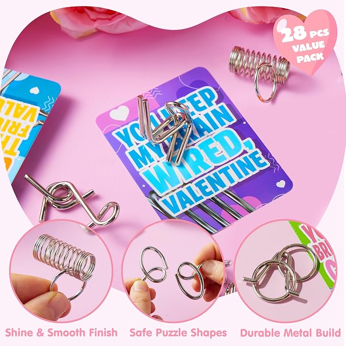 JOYIN 28PCS Valentine's Day Metal Wire Puzzles with Cards for Kids, Brain Teaser Puzzles with Explanation of the Solution and Valentine's Day Cards, School Classroom Boys Girls Exchange Gifts