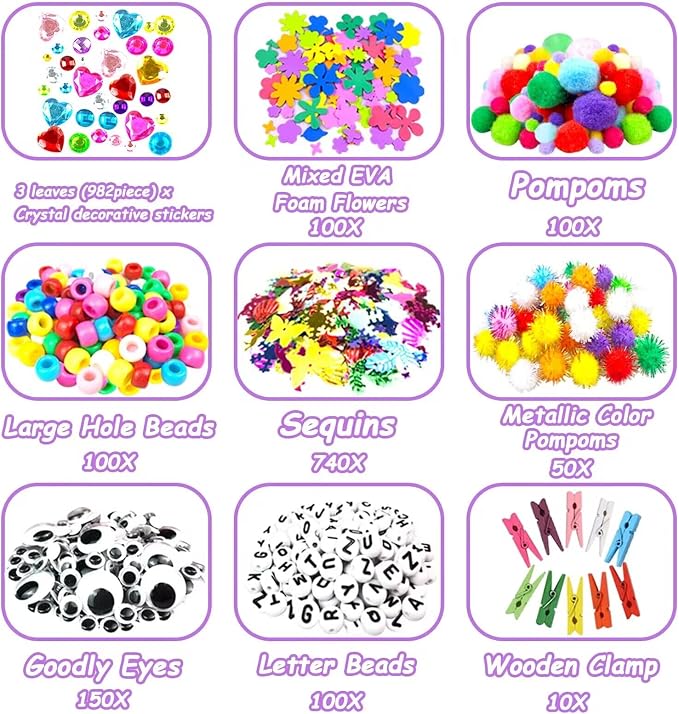 VLUSSO 3000Pcs DIY Arts and Crafts Supplies Kit for Kids - Kids Craft Kits Art Supplies Material Set with Pipe Cleaner All in 1 Crafts Activity Gifts Toys for Girls Boys Age 4-6, 6-8, 8-12 Years