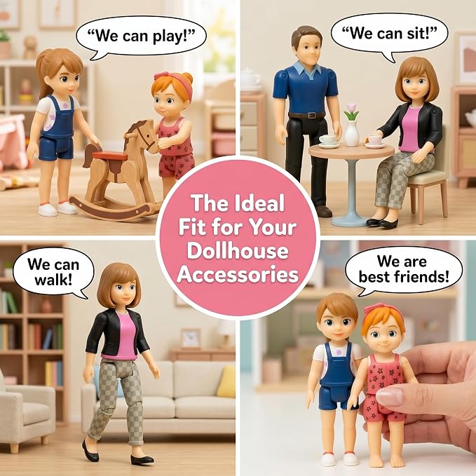 Family Dollhouse People - Bendable Doll House People Figures - 5 Poseable Action Figures Incl. Mom, Dad, Sister, Brother, & Toddler - Small Dolls for Doll-house Designed to Fit Standard Dollhouses