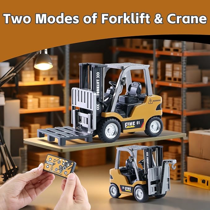 GRANTLEY Remote Control RC Forklift Cranes,1/64 Mini Rechargeable Forklift Truck,2 in 1 Transform Lift Fork & Hook, w/Boxes/Sound and Light, Forklift Toy RC Construction Vehicles Toy Gift for Kids