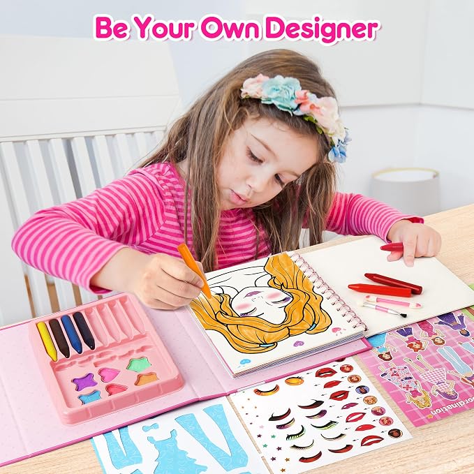 Mocoosy Makeup Art Craft for kids Ages 4-8, Pretend Play Makeup Coloring Activity Book with Stickers, Fashion Design Sketchbook, Travel Game Airplane Car Road Trip Toy Birthday Gift for Girl 5 6 7 8 9