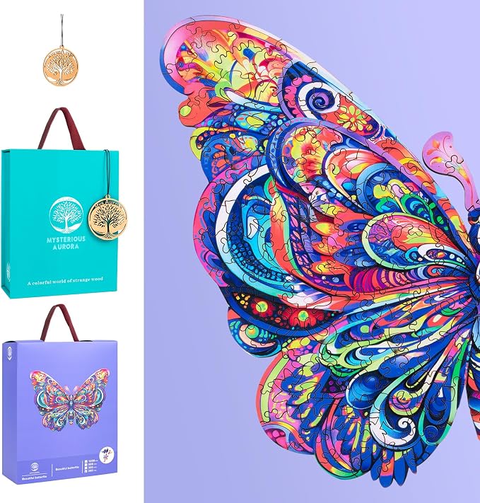 Mys Aurora Wooden Puzzles for Adults, Butterfly Jigsaw Puzzles 200 Pieces, 9 x 12.2 Inch, Medium, Unique Shaped Irregular Colorful Wood Puzzles, Beautiful Luxury Packag Gifts for Adults and Kids