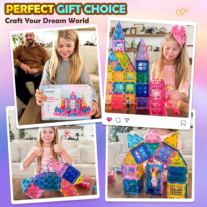 Coodoo Diamond Magnetic Tiles Magnetic Building Blocks STEM Sensory Toy for Boys Girls Pink Castle Dollhouse Pretend Princess Toys for 3 4 5 6 Year Old Girls Toys Birthday Xmas Present