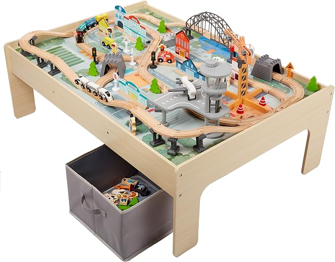 Amazon Basics 120 Piece Wooden Train Set with Activity Table, Sturdy Tracks, Storage Bin, Easy to Assemble, Kids Gift for Age 3Y+, 47.44 x 33.46 x 16.14 in