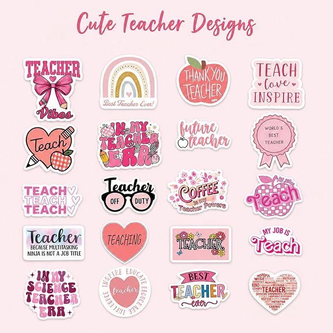 QTL Teacher Stickers for Teachers Students, Teacher's Day Party Supplies, Waterproof Vinyl Stickers for Water Bottles and Laptop, 50PCS