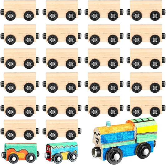 Lenwen 26 Pcs Unpainted Magnetic Wooden Trains Cars Unfinished Party Favors Wood Train Set for Birthday Party Supplies Paint Project Craft DIY Decorations(Classic Style)