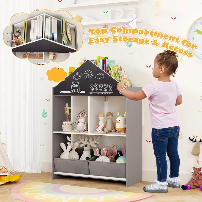 Costzon Kids Bookshelf, Wooden Dollhouse Bookcase with Blackboard, Whiteboard, Toddler Book Shelf with Cubby & 2 Fabric Bins, Toy Storage Organizer for Kids Room, Playroom, Nursery (Gray)