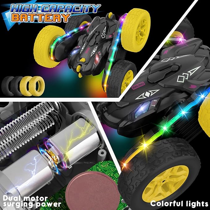 Jimdella Remote Control Car,RC Cars with Sides Light Strip and Headlights,Double Sided 360 Flips Rotating RC Stunt Car,2.4Ghz All Terrain Toys for Ages 4-8 Kids Toy for Boys Birthday Gift(Black)