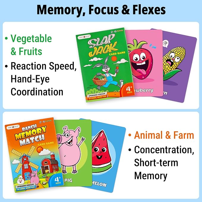Upgraded Kids Card Games Pack, 6 Decks, Go Fish, Old Maid, Crazy Eights, Memory Match, Slap Jack, War, Playing Cards, Easter Basket Stuffers, Stocking Stuffers | Go Fish, Old Maid, Crazy Eights, Memory Match, Slap Jack, War. For family nights, travel, ...