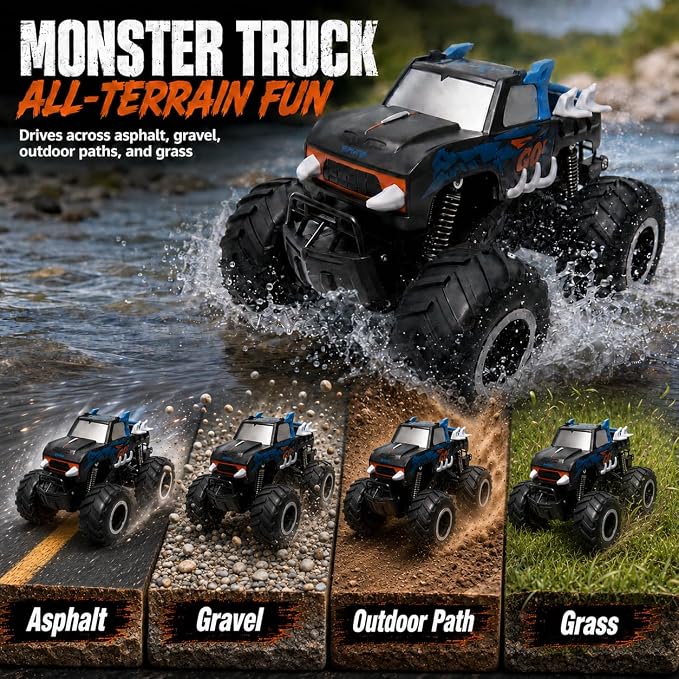 JoyRapt 1:16 Amphibious Monster Truck Toys, 2.4GHz Waterproof Remote Control Car, 4WD RC Truck Cars with 360 Degree Spins, All Terrain Rechargeable Off-Road RC Pickup Gifts for Boys Girls Ages 6-12