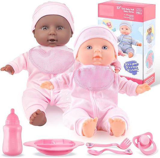Toy Choi's Twin Baby Dolls 12 inch Soft Body Black and White Doll Set, Babydoll Playset with Rompers, Hat, Pacifier and Doll Bibs, Gifts Toys Toddlers Kids Boys and Girls | Pink Outfit Doll Set